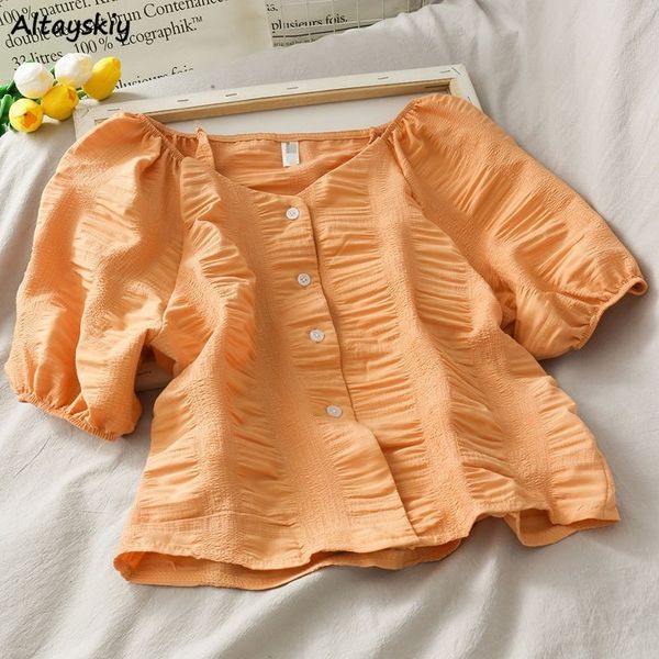 

shirts women solid basic single breasted korean style chic trendy popular leisure elegant slim ulzzang female crop summer x0521, White