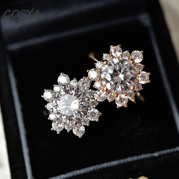 

cluster rings cosya 100% 925 sterling silver flower high carbon diamond shining engagement fashion for women fine jewelry birthday gift, Golden;silver