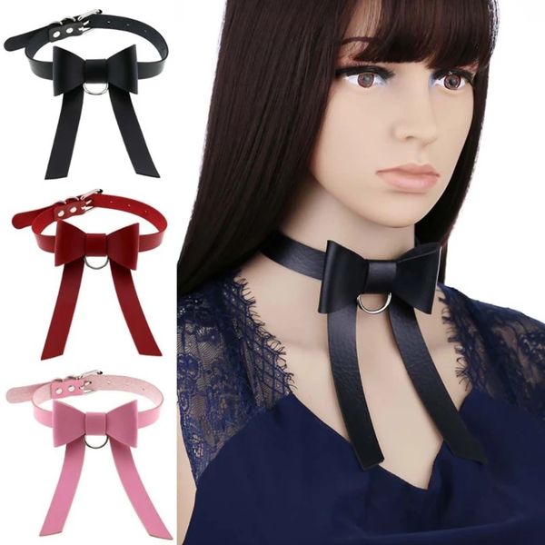 

charm choker necklace for women long bow pu leather chocker handmade metal bowknot collar punk gothic fashion jewellry gift, Golden;silver