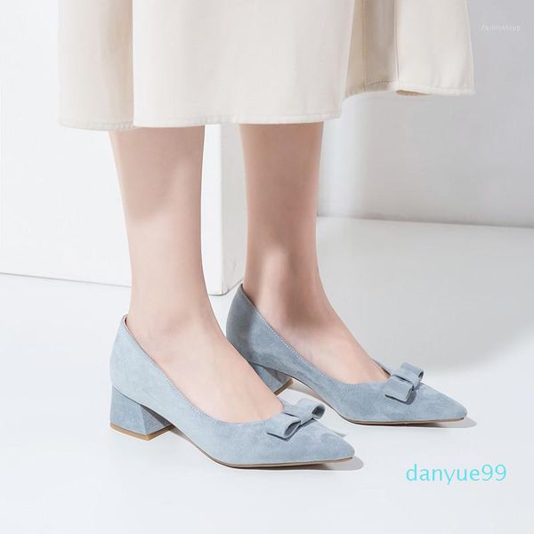 

ymechic 2021 fashion suede spring summer thick heels pointed toe shallow woman shoes blue black pink womens pumps chunky heel 431