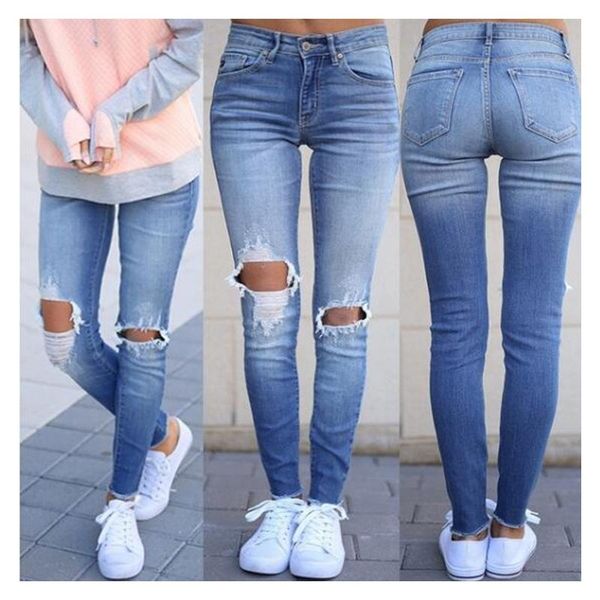 

ripped holes fringed denim jeans fashion office pencil pants slim trousers streetwear casual vaqueros spodnie damskier women's, Blue