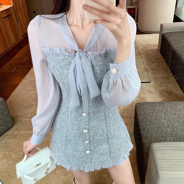 

casual dresses sweet women ribbon bow single-breasted long sleeve party vintage see-through chiffon patchwork tweed mini dress, Black;gray