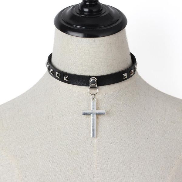 

pendant necklaces vintage harajuku style pu leather collar chokers silver color cross for women punk statement jewelry