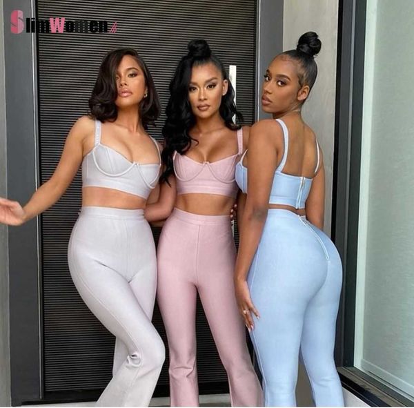 

summer bandage 2 two-piece set women fashion sleeveless tight short corset & high waist flared trousers pants set 210709, White