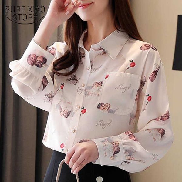 

vintage print floral elegant lantern sleeve women shirt long sleeve chiffon cardigan women and blouse blusas mujer 8474 50 210527, White