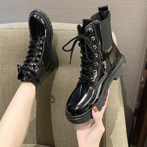 

boots classic botas women motorcycle ankle wedges female lace up platforms spring black leather oxford shoes woman mujer