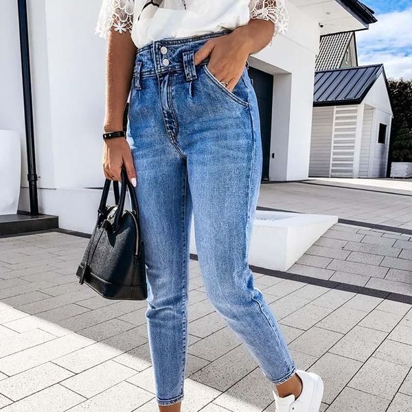 

women's jeans stretch high waist skinny slim fashion washed trousers pencil, Blue