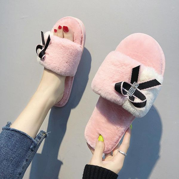 

slippers fur women riband bowtie slides pink mixed color furry home shoes woman mules crystal decoration plush flip flops 8, Black