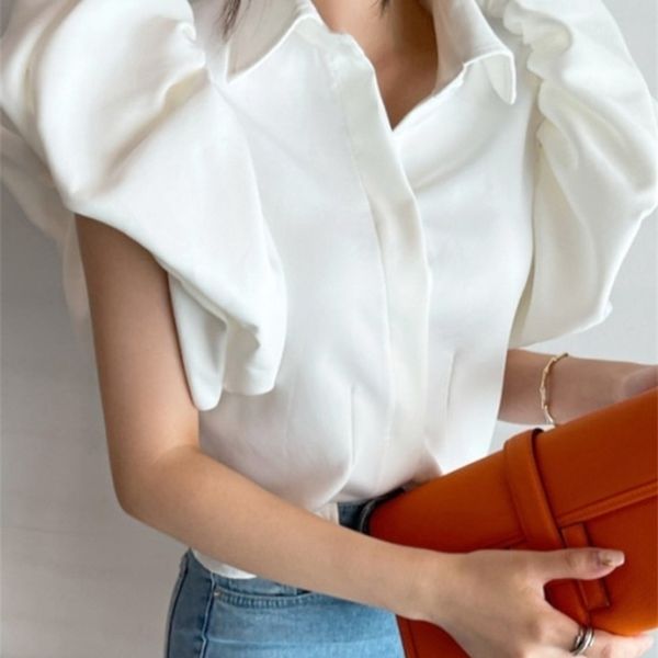 

woherb vintage puff sleeve elegant shirt white black blouse turn down collar office ladies blusa female casual 220312