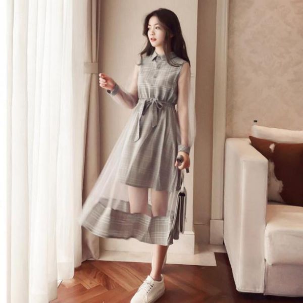 

casual dresses 2021 spring arrival yarn splicing slim sashes decorated plaid vestidos mujer fake two piece long sleeve dress, Black;gray