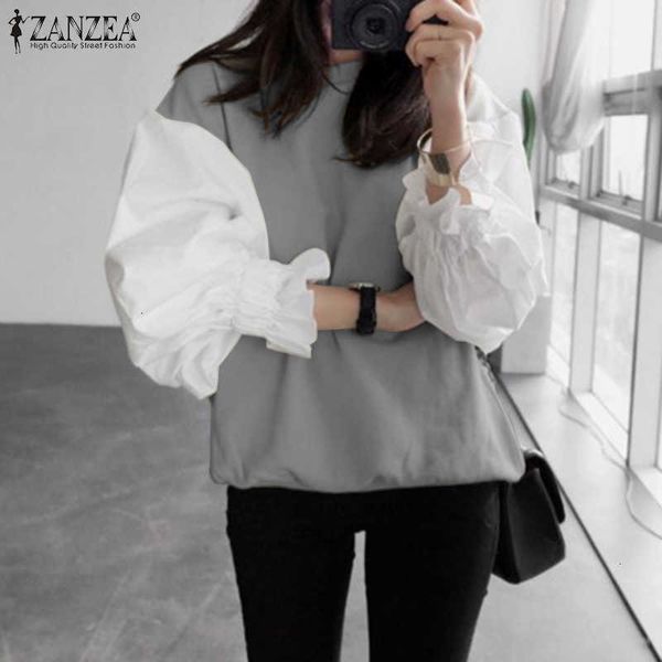 

women's blouses & shirts blouses stylish puff sleeve patchwork blouse casual o neck female pullovers blusas plus size tunic 0i2g, White