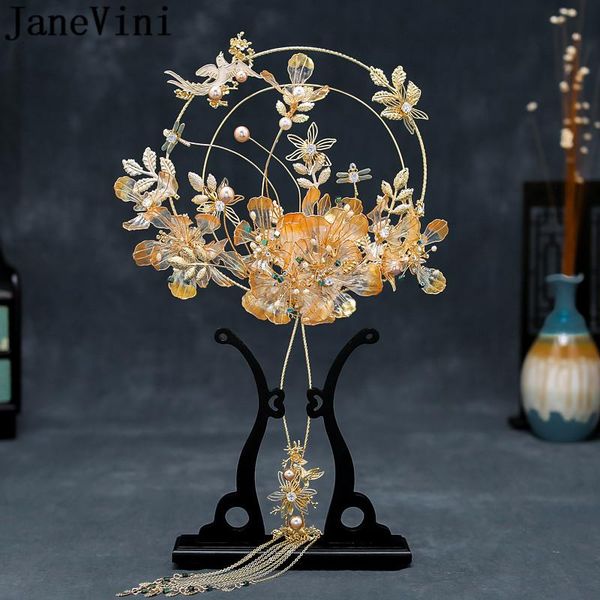 

wedding flowers janevini chinese bridal bouquet fan gold metal floral luxurious beaded pearls classic bride flower hollow bouquets