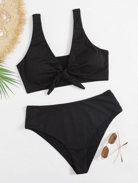 

plus knot front high waisted bikini swimsuit o367#, Black