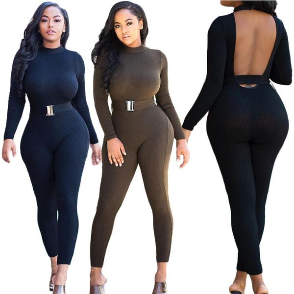 

women's jumpsuits & rompers 2021 autumn winter solid color long sleeve bandage for women backless bodycon bodysuit knitted mono mujer, Black;white