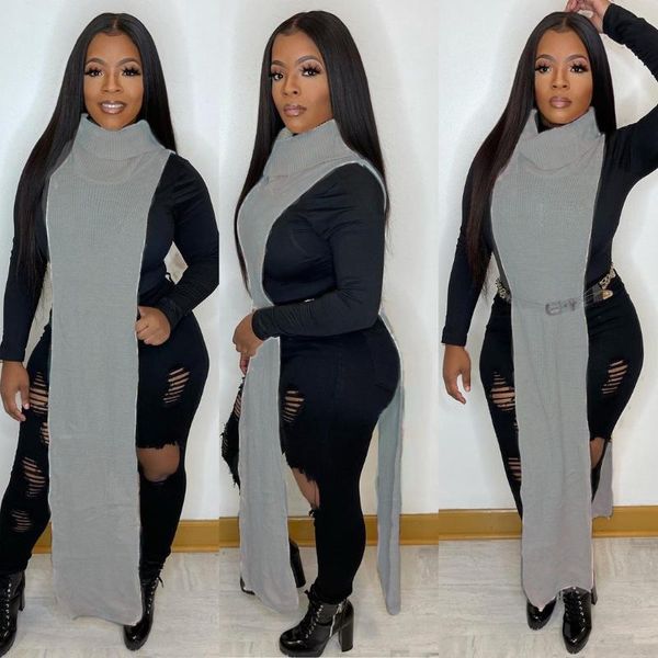 

casual dresses women autumn winter fashion turtleneck sleeveless side split loose knitted sweater knit warm long maxi robe, Black;gray