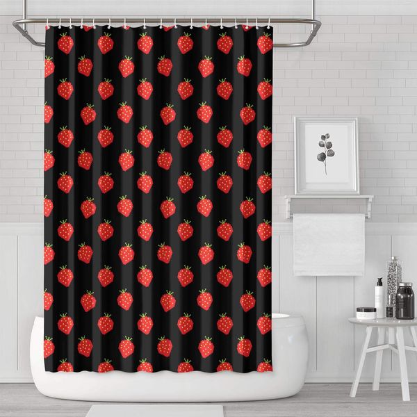 

strawberry fruit art black bathroom with hooks waterproof shower curtain,abstract bathroom decorative shower curtain,71x71