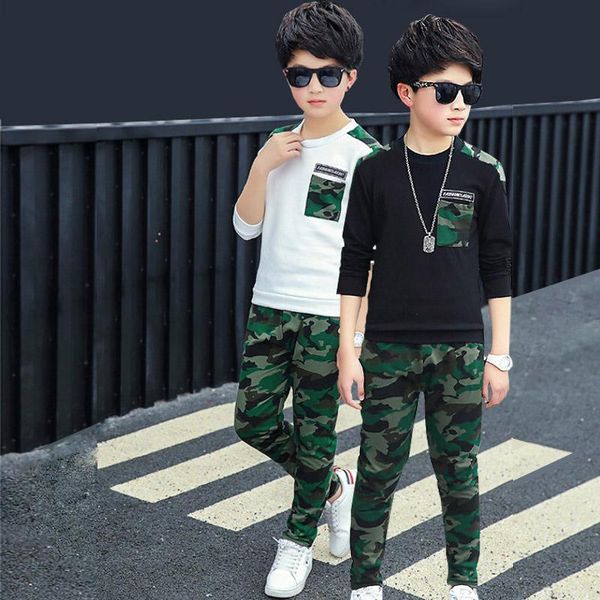 

4-10 years old boy girl spring autumn two-piece fashion camouflage long-sleeved sweater jacket + pants quality sports child wear clothing se, White