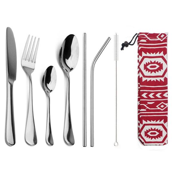 

8pcs/set portable stainless steel dinnerware set 304 cutlery flatware with carry bag straws tableware for travel picnic sets