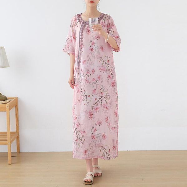 

casual dresses elegant pure ramie vintage linen dress for women summer 2021 robe fleurie loose o neck embroidery vestido playa, Black;gray