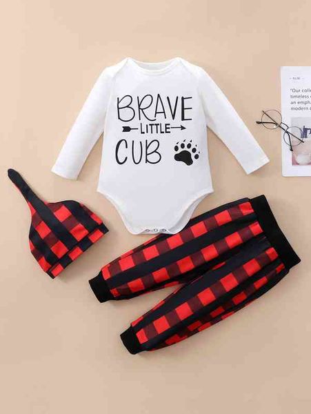 

baby letter graphic bodysuit & buffalo plaid sweatpants & hat she, White