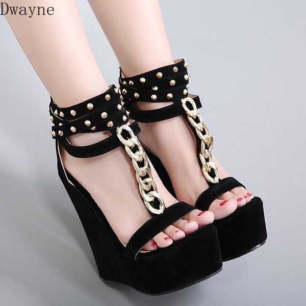 

roman style metal chain rivet wedge fashion temperament sandals women, Black