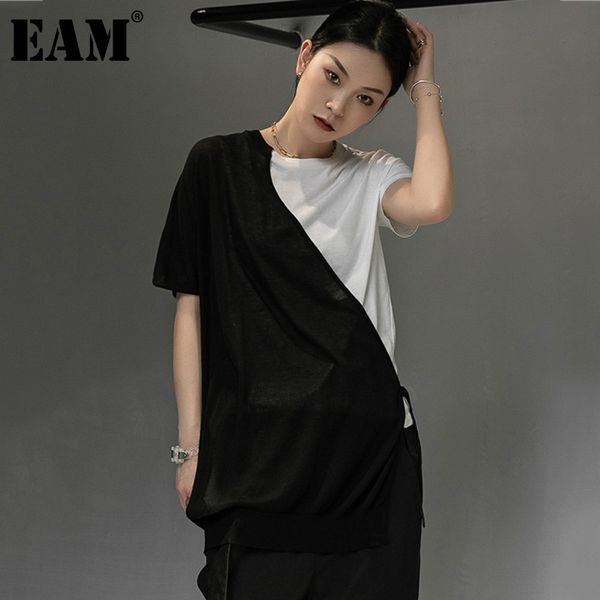 

[eam] women black spliced asymmetrical casual t-shirt round neck short sleeve fashion spring summer 1dd7718 21512, White