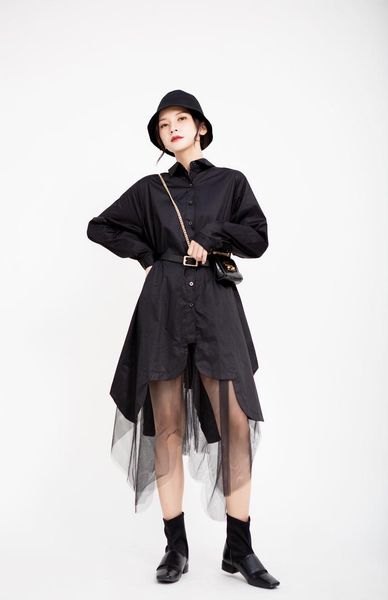

casual dresses msxu women's dress summer 2021 oversized swing stitching mesh irregular shirt, Black;gray