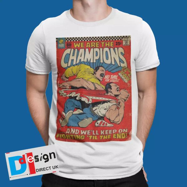 

we are the champions t-shirt retro queen freddie tee 80s 90s comic book tee, White;black