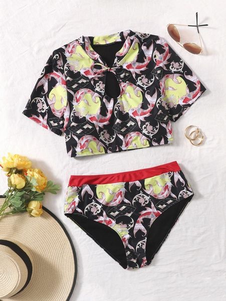 

plus fish & wave print high waisted bikini swimsuit d33j#, Black