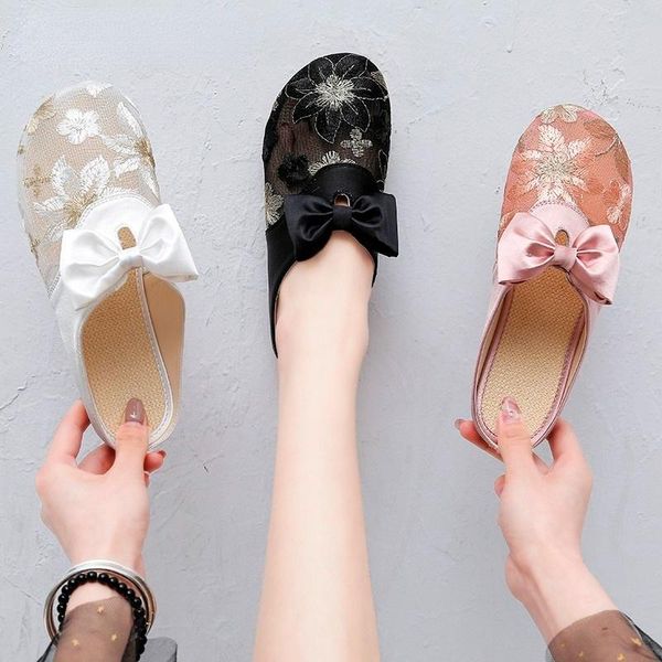 

slippers 2021 spring and summer fashion baotou simple vamp embroidery breathable bow embellished candy-colored women's sandals, Black