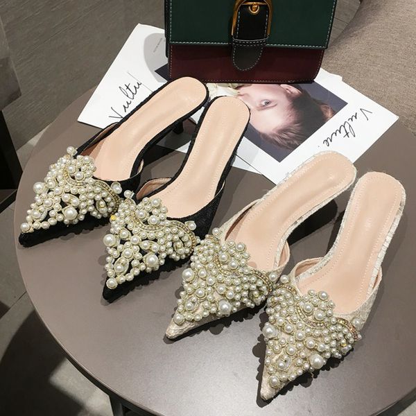 

New Women Pumps Pointed Toe Crystal Pearl Ladies Slippers Elegant Thin Low Heels Female Fashion Woman Party Slip On Mules Shoes, Black