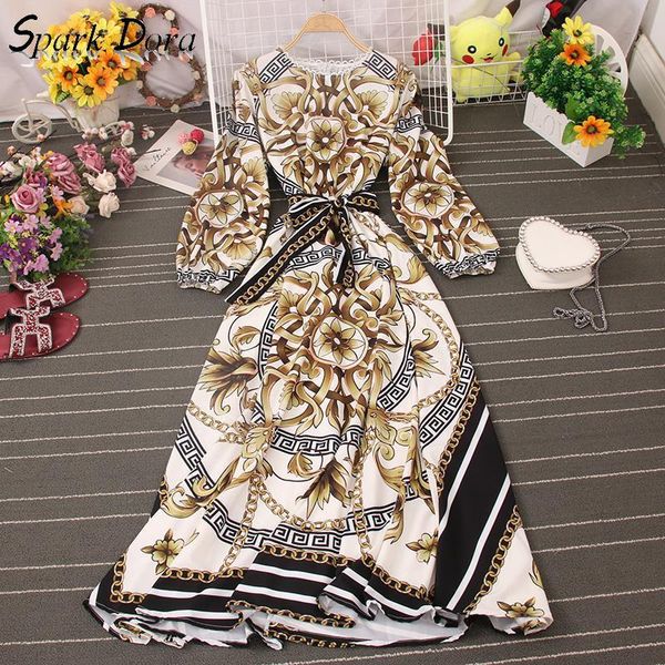 

casual dresses elegant dress autumn court style retro printing ladies temperament elastic waist chiffon women vestidos, Black;gray