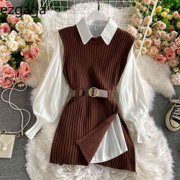 

ezgaga elegant two piece set women long sleeve white shirts knit vest korean fashion bandage pullover autumn office lady 210730