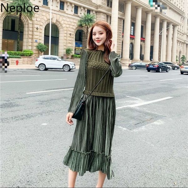 

2021neploe stand collar high waist hip vestido solid patchwork fake two pcs knit long sleeve dress autumn spring pleat ropa 47997, Black;gray