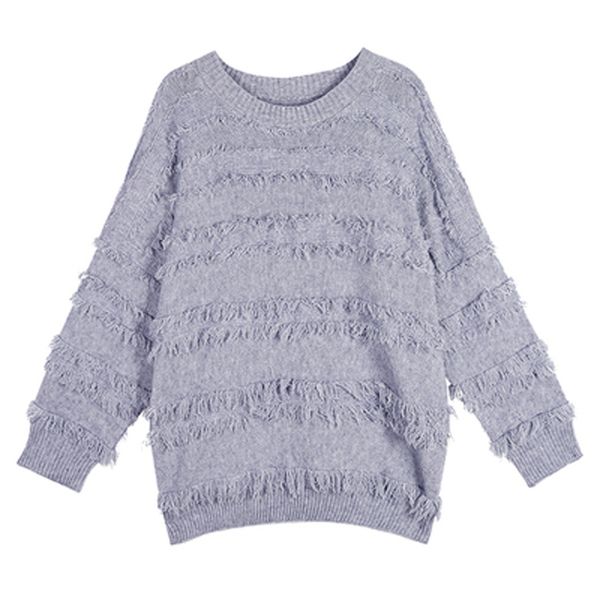 

women knitted pullovers white blue pink o neck sweater loose tassel autumn winter m0058 210514, White;black
