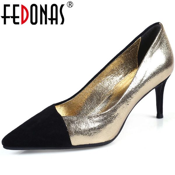 

dress shoes fedonas mixed colors genuine leather women's summer pointed toe high heels pumps 2021 fashion wedding woman, Black