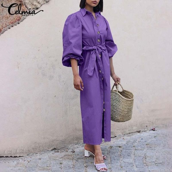 

women's long sleeve elegant office dress celmia 2021 fashion puff buttons vestidos robe belted casual loose midi dresses, Black;gray