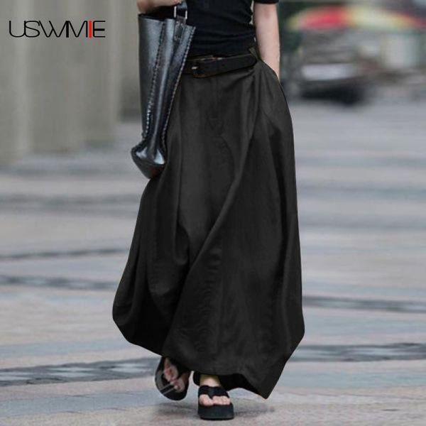 

skirts womens spring fashion leisure simple high waist solid color pockets comfort women clothes, Black