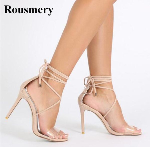 

women fashion one strap lace-up cross gladiator sandals cut-out pvc transparent heel, Black