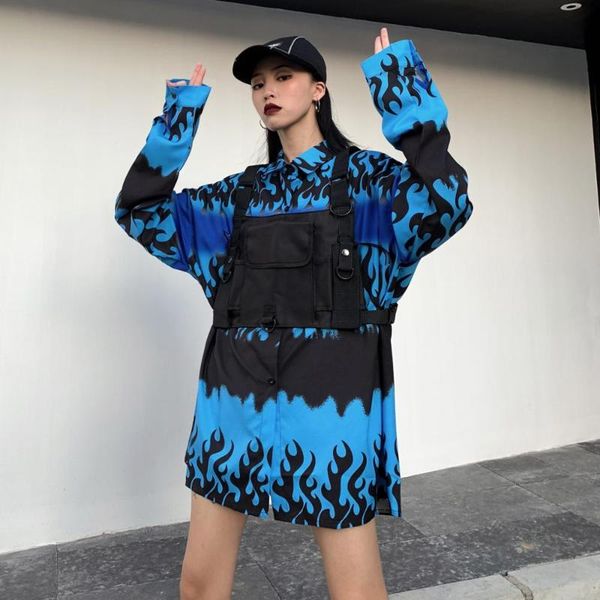 

women's tracksuits 2021 spring women blue flame harajuku long sleeve shirt + multifunction ribbon vest ladies vintage punk blouse two p, Gray