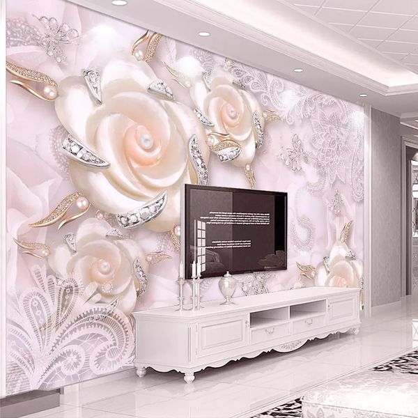 Papel de parede de fotos personalizado para paredes 3d rosa flor jóias pérola parede sala de estar quarto quarto tv pano de fundo wall papers home decor