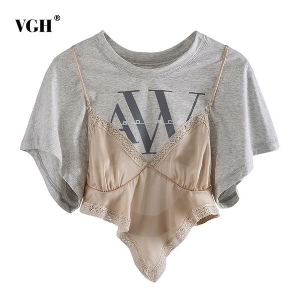 VGH Elegante patchwork t shirt donna o collo manica corta asimmetrica colore stampa colore pizzo up t-shirt orlo irregolare T-shirt femminile 210324