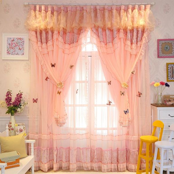 

curtain & drapes senisaihon high-quality wedding curtains pink lace flowers embroidered double layer tulle 65% shading home decoration