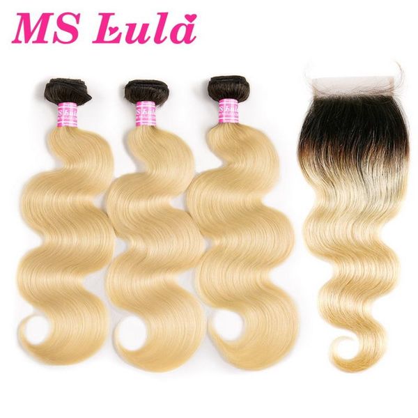 

human hair bulks ms lula ombre brazilian 1b/613 blonde dark roots body wave weave 3 bundles with 4x4 closure 100% remy extensions, Black