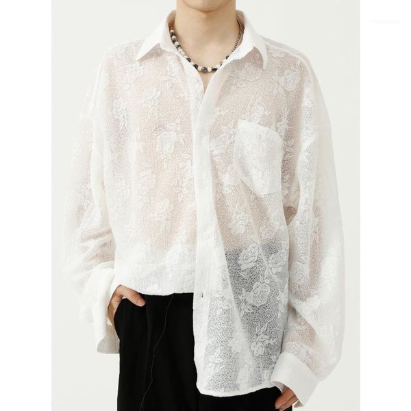 

men's dress shirts rose pattern men streetwear mesh shirt transparent lace lapel long sleeve party nightclub white black see though gay