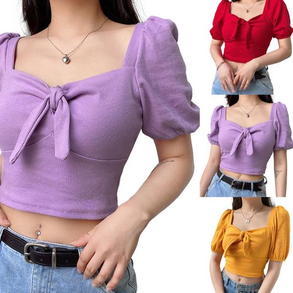 

women's t-shirt summer women solid color square neck t-shirts, bowknot puff short sleeve slim fit knit crop daily wear, White