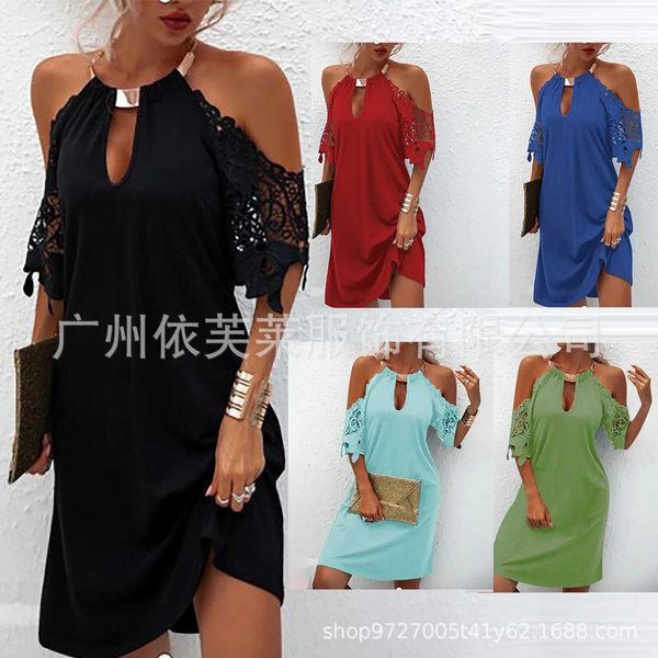 

2021 women's hook flower hollow out metal neck off shoulder dress, White