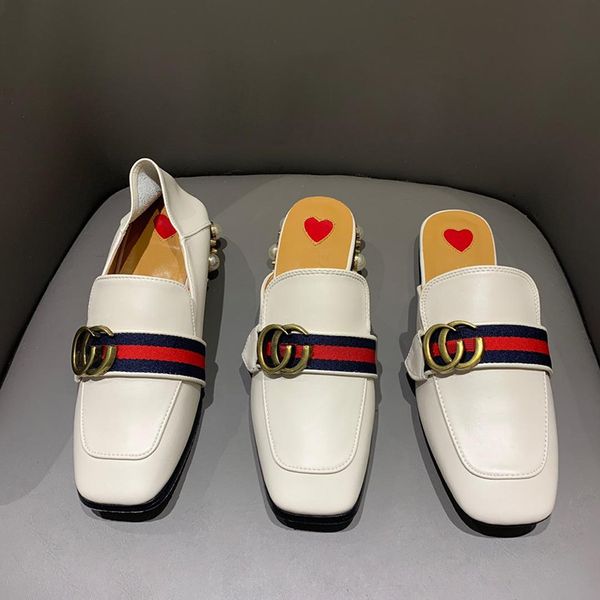 

high version g family 2021 new flat bottom lazy slippers women button thick pearl step on heel two wear casual single shoes, Black