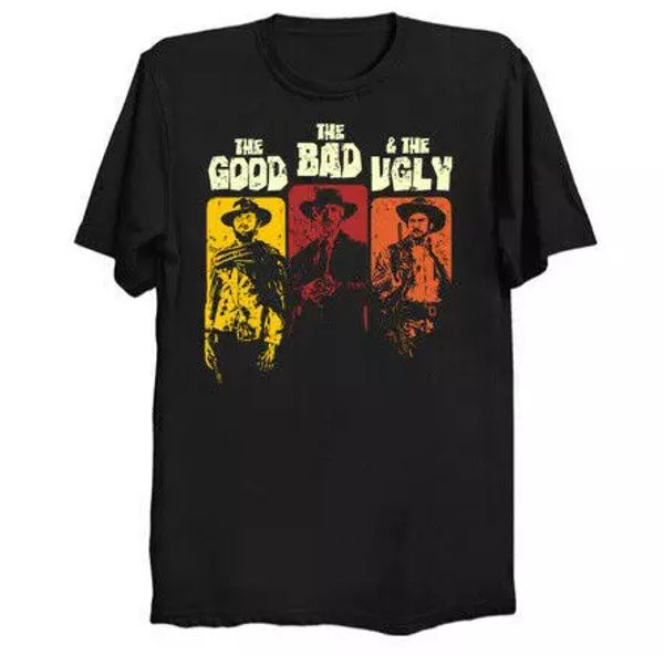 

R1 Vintage Western Gunslinger The Good The Bad The Ugly Movie Black T-shirt, White;black