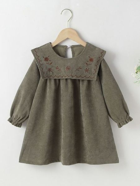

toddler girls flower embroidered flounce sleeve keyhole back corduroy dress she, Red;yellow
